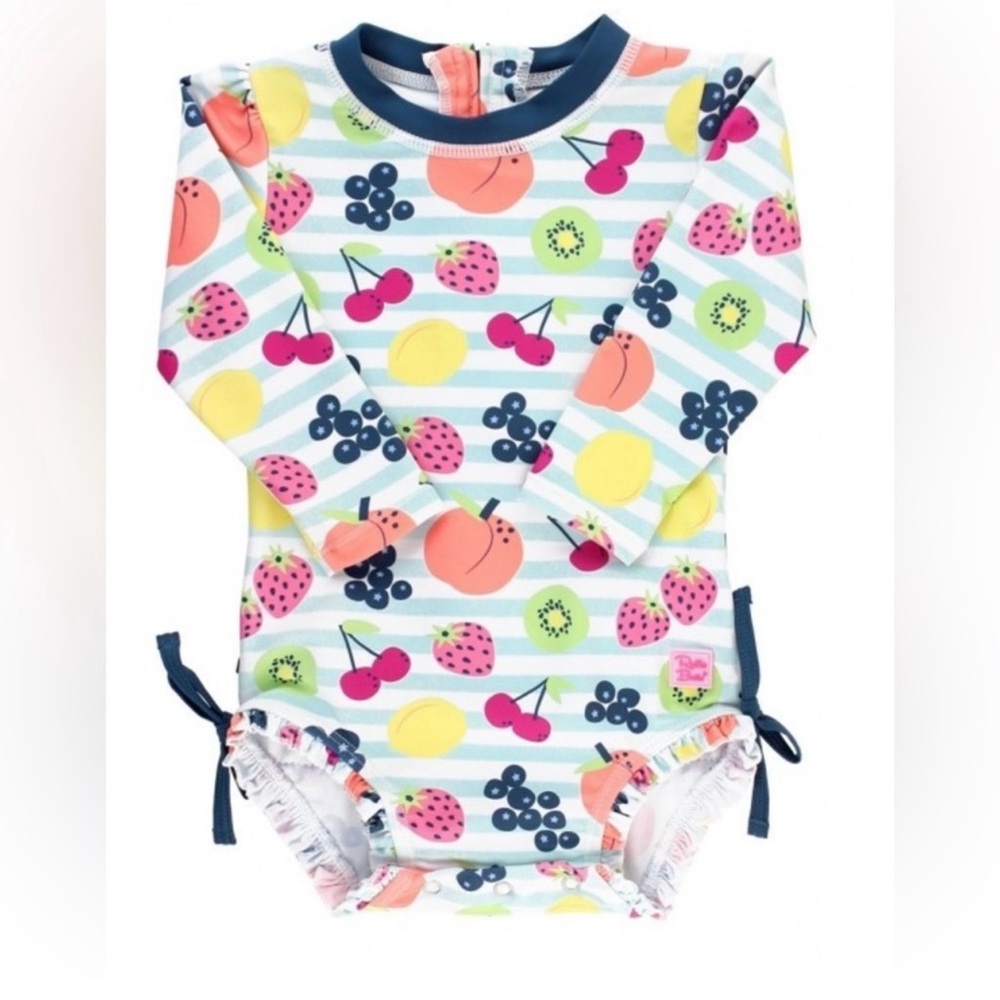 Ruffle Butts Blue and Pink Fruit Print Kids Rashguard